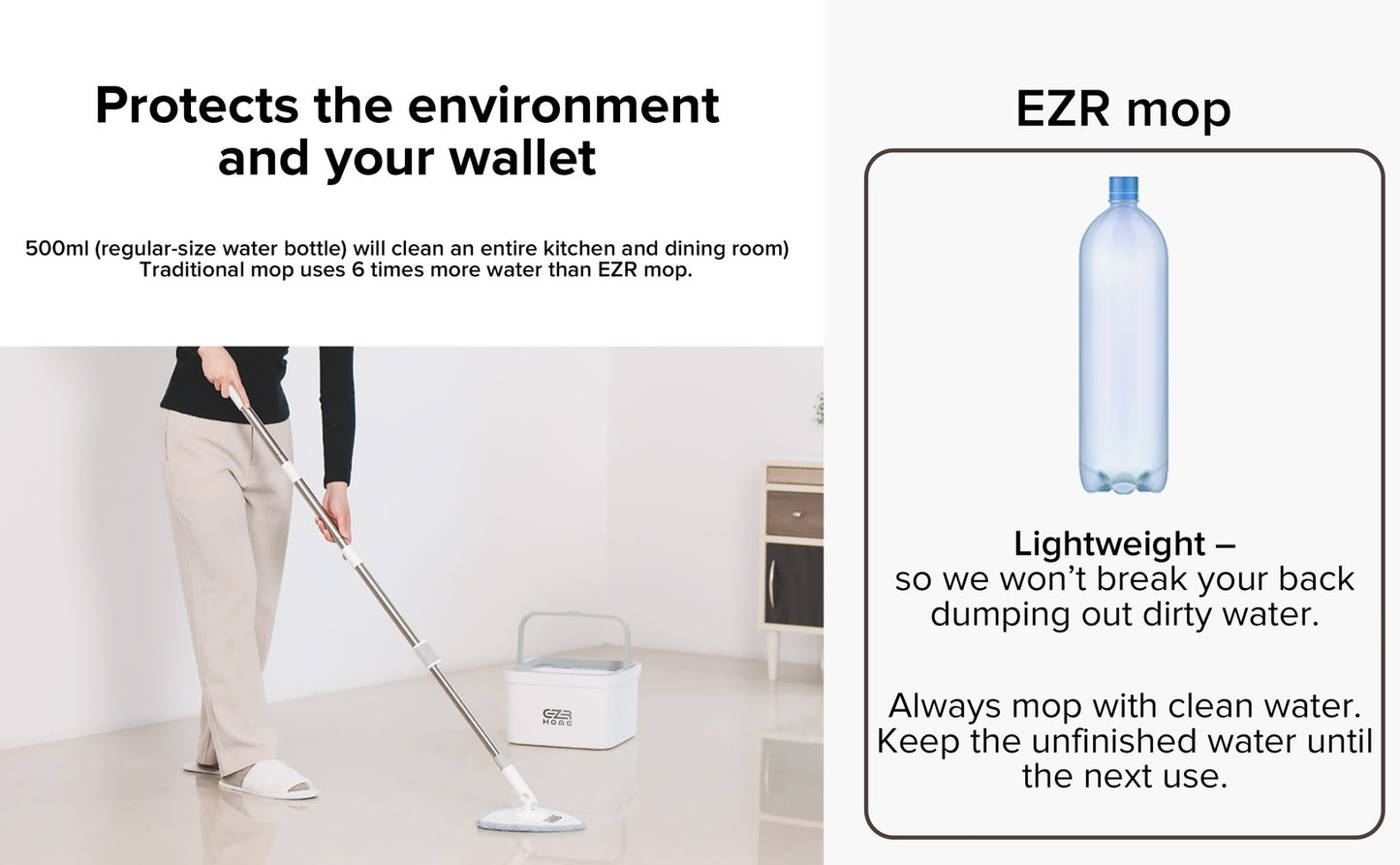 EZR Mop and Bucket with Wringer Set - Triangle Mop Set with Separate Dirty Water Filtration System - Hand-Free Cordless Mop